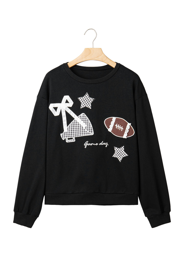 Black Gingham Patch Embroidered Rugby Game Day Stars Sweatshirt