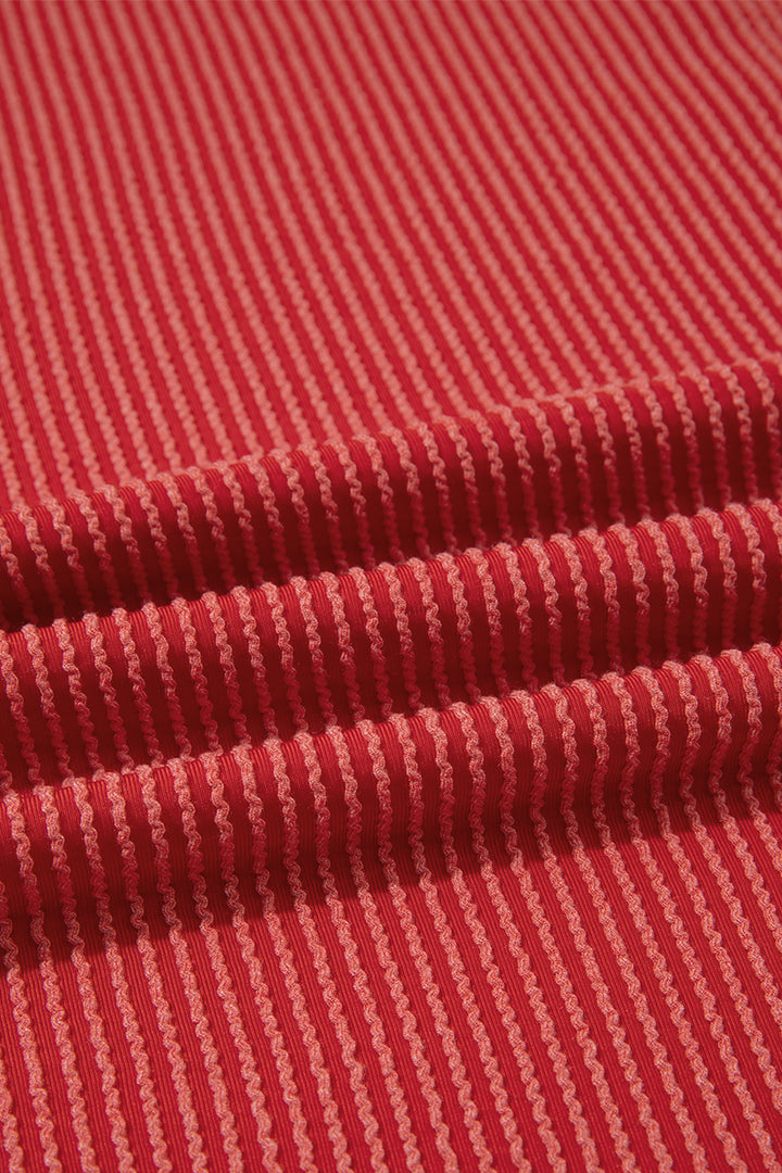 Fiery Red Twist Ribbed Tunic Round Neck Bracelet Sleeve Plus Size Blouse