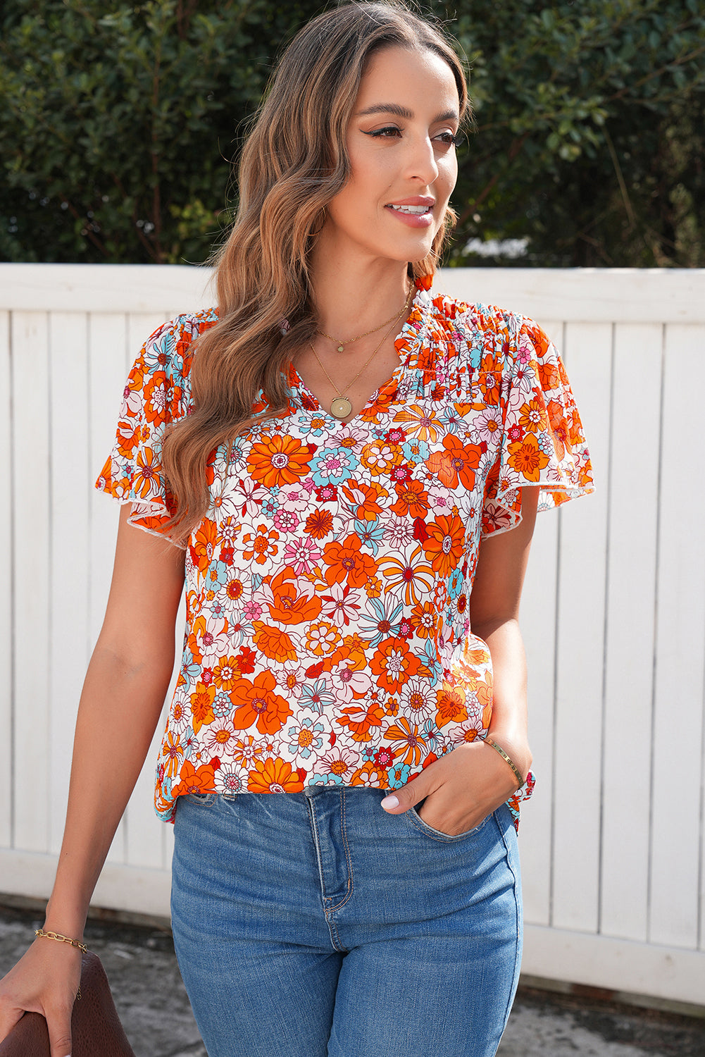 Orange Floral Print V Neck Pleated Ruffle Short Sleeve Blouse