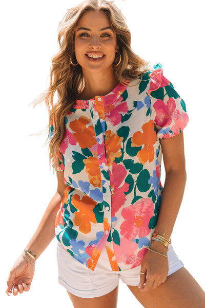 Multicolor Floral Print Ruffle Trim Puff Sleeve Shirt