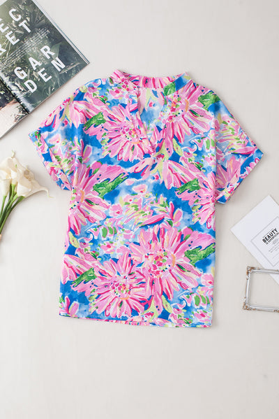 Pink Abstract Floral Print Notch V Neck Rolled Short Sleeve Blouse