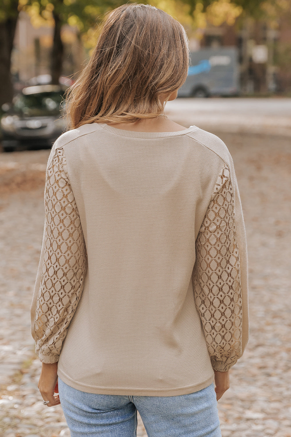 Light French Beige Lace Patch Sleeve Waffle Knit Top