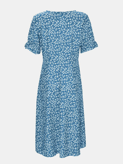 Full Size Printed Surplice Flounce Sleeve Midi Dress