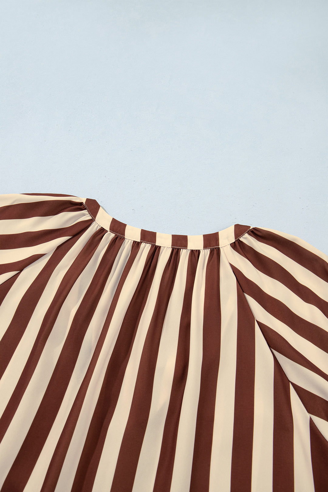 Brown Stripe V Neck Half Sleeve Casual Blouse