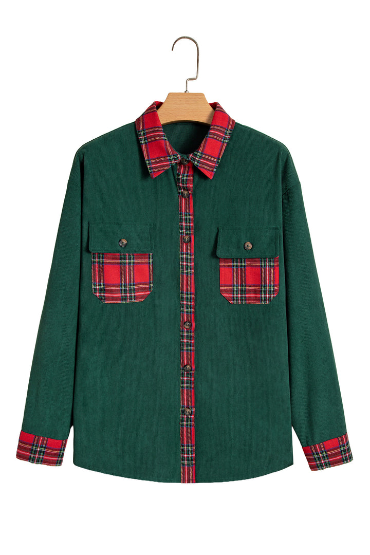Blackish Green Plaid Pocket Button Long Sleeve Shift Shacket