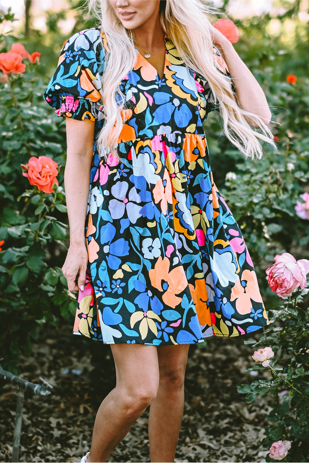 Alena Collared Split Neck Floral Flared Dress