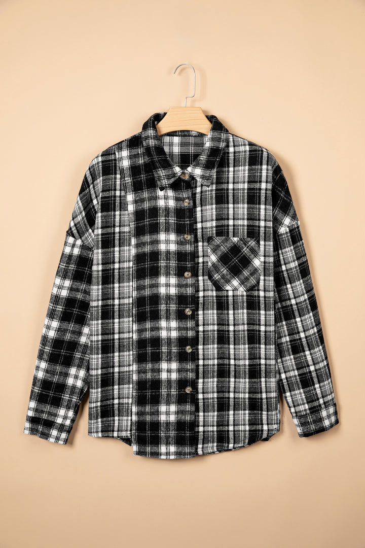 Black Plaid Long Sleeve V Neck Shift Plus Size Shirt Jacket