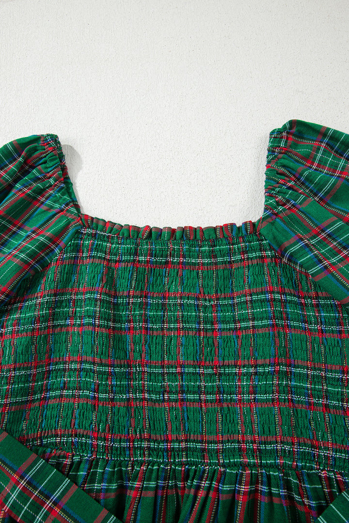 Green Tartan Plaid Square Neck Puff Sleeve Knot Waist Flared Midi Dress