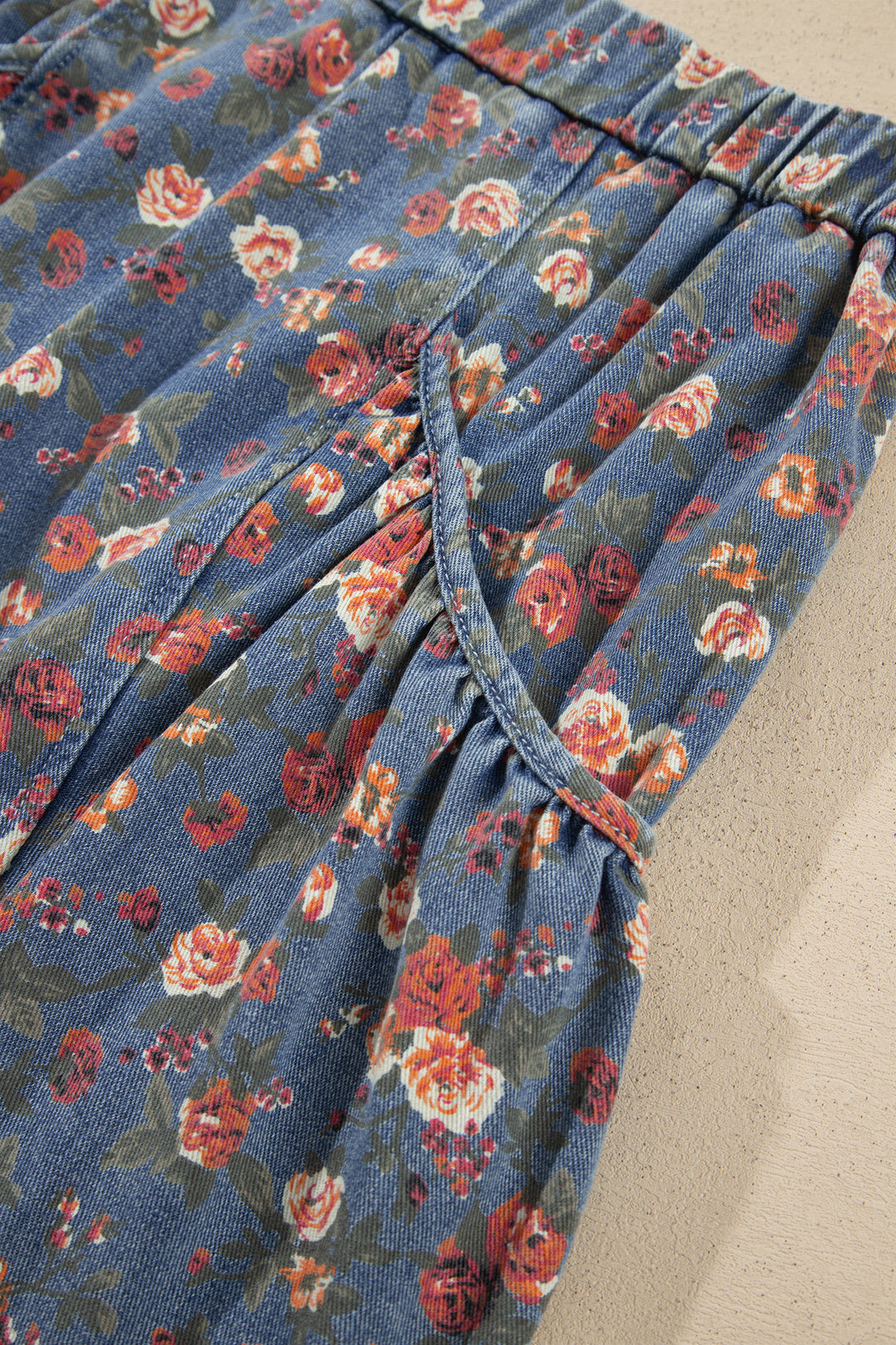 Beau Blue Retro Floral Print Elastic Waist Pocketed Barrel Jeans
