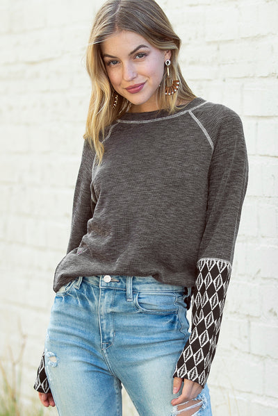 Gray Aztec Patchwork Ribbed Long Sleeve Top