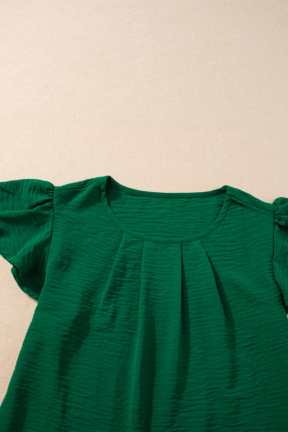 Dark Green Solid Color Textured Pleated Flutter Sleeve Blouse