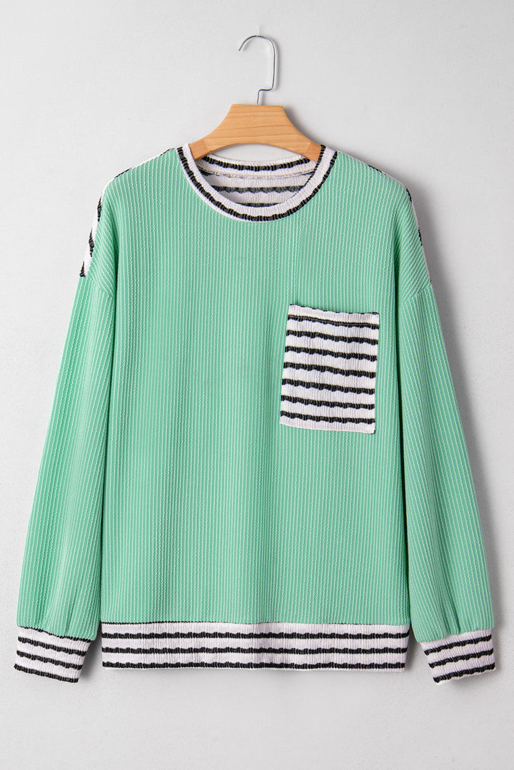 Sea Green Twisted Ribbed Contrast Round Neck Striped Patchwork Long Sleeve Top