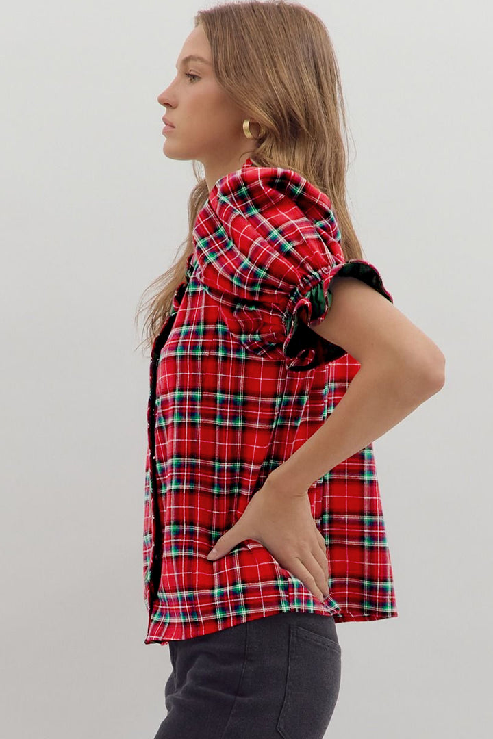 Red Plaid V Neck Ruffle Color Block Trim Short Sleeve Shirt