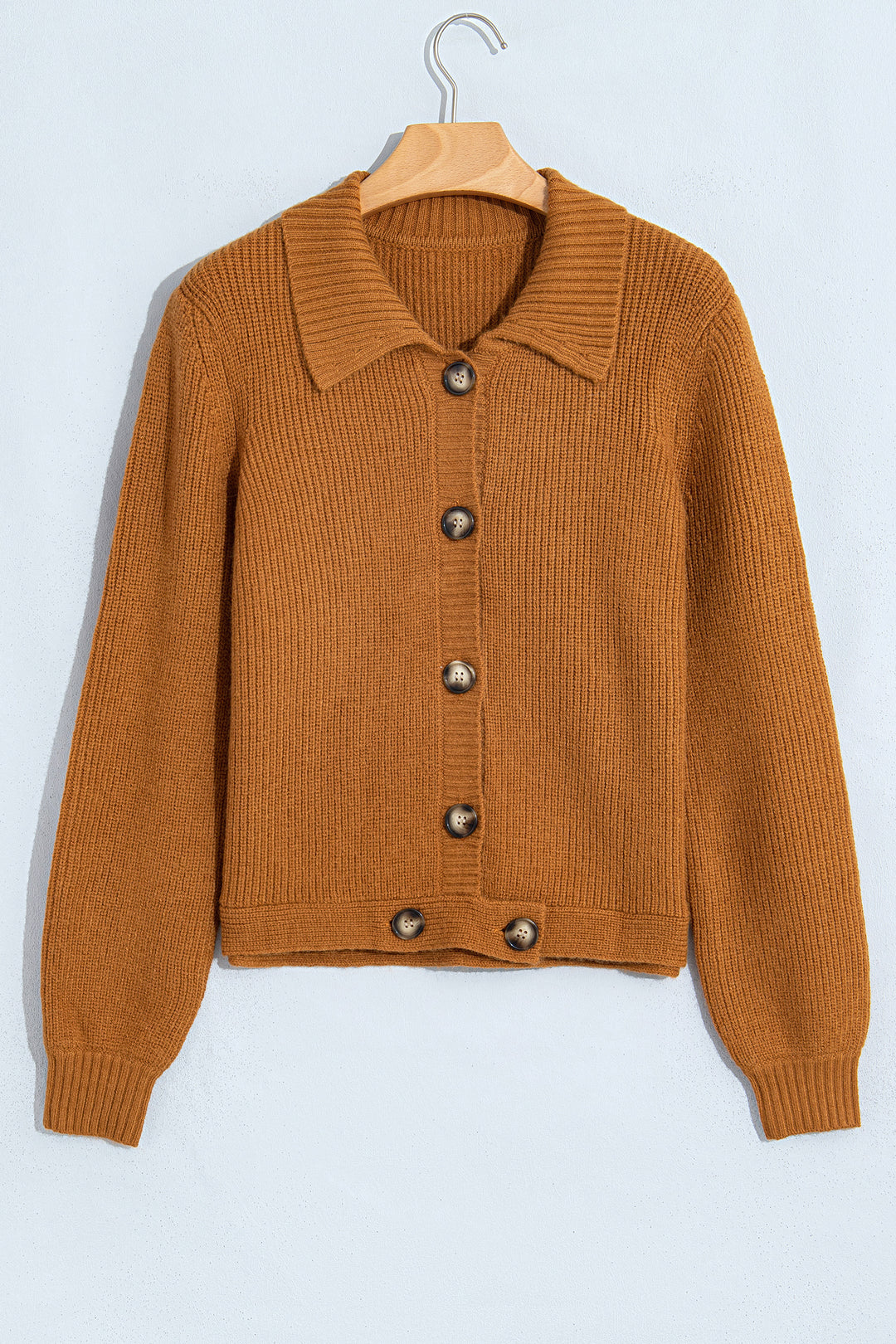 Mustard Ribbed Knit Collar Button Front Long Sleeve Cardigan