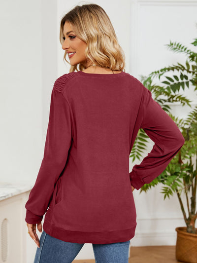 Ruched Shoulder Round Neck Long Sleeve Sweatshirt