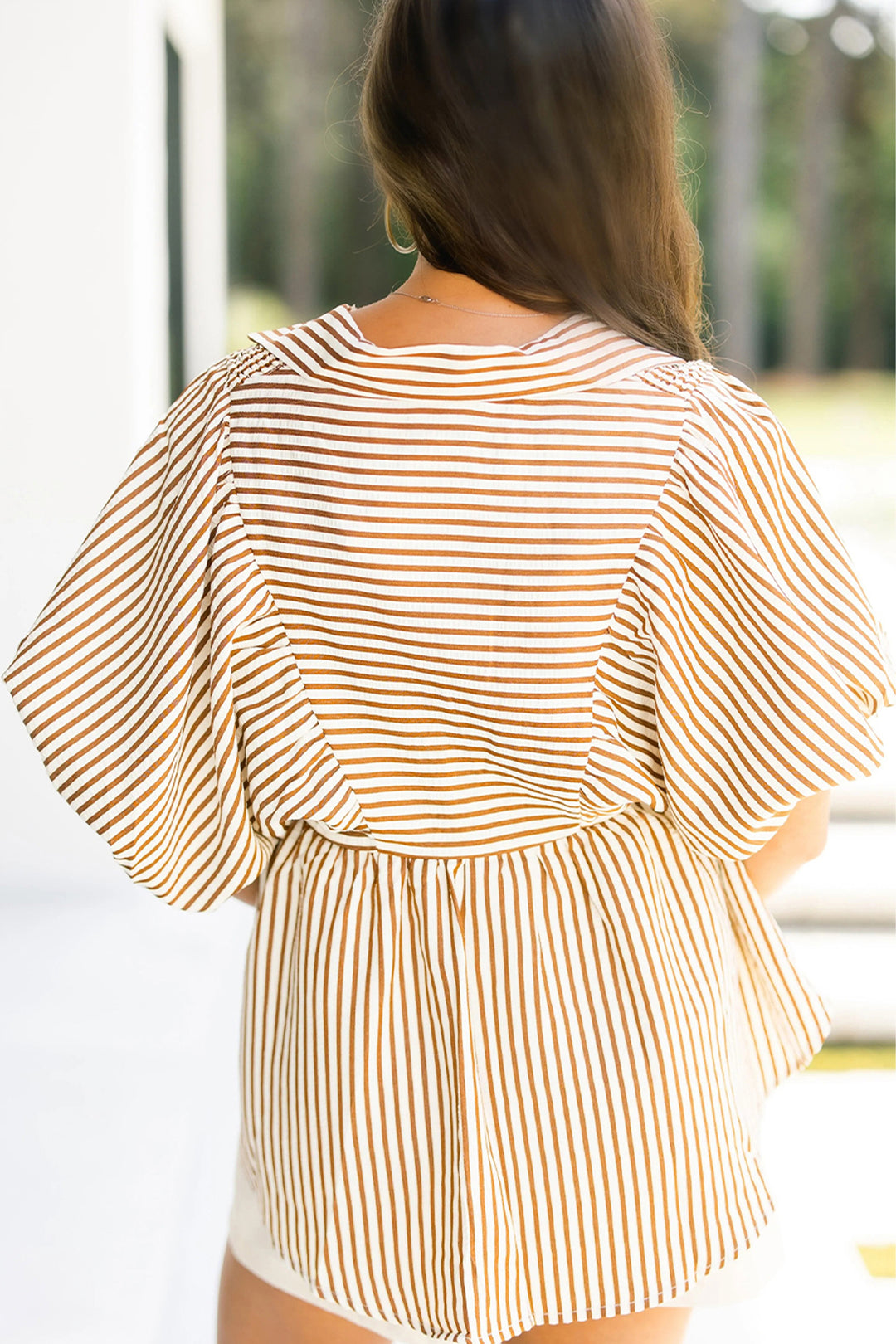 Brown Stripe Shirred V Neck Short Puff Sleeve Blouse