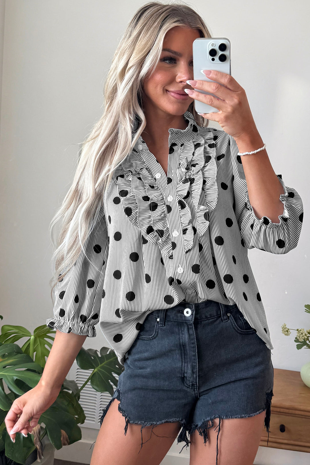 Black white Polka Dot Striped Print Ruffle Stand Neck 3/4 Sleeve Shift Shirt