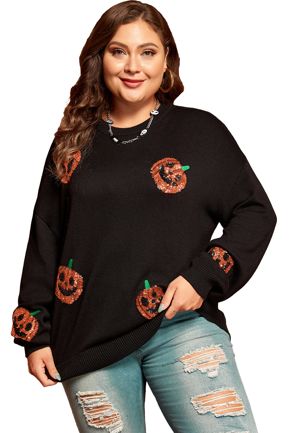 Black Plus Size Halloween Sequined Pumpkin Pattern Sweater