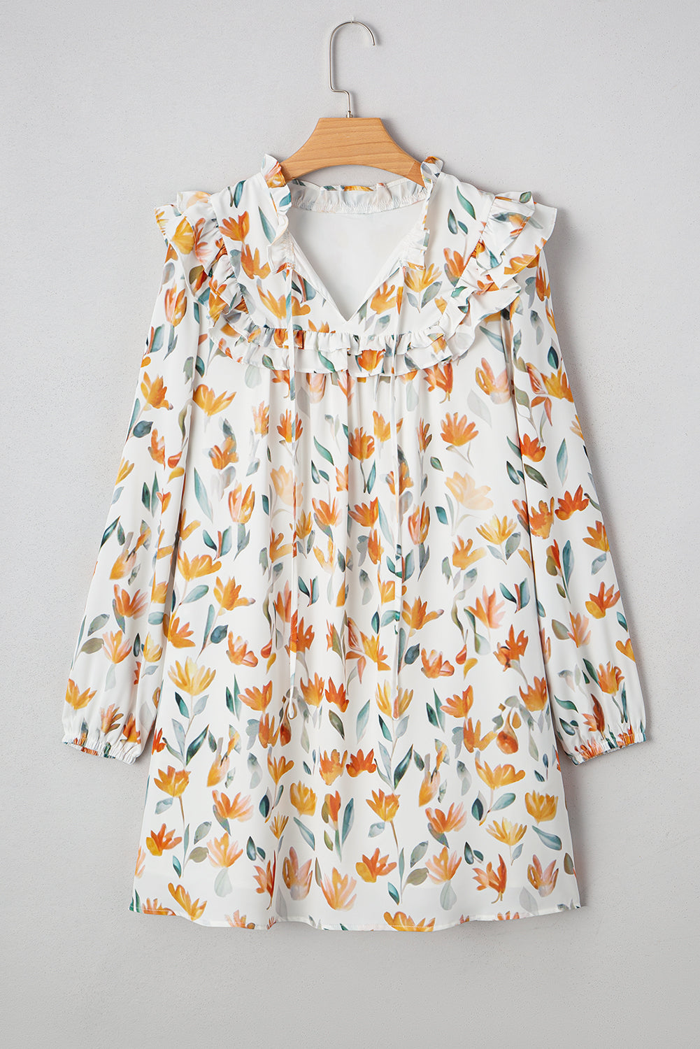 Katherine Floral Tie Neck Frilled Long Sleeve Dress