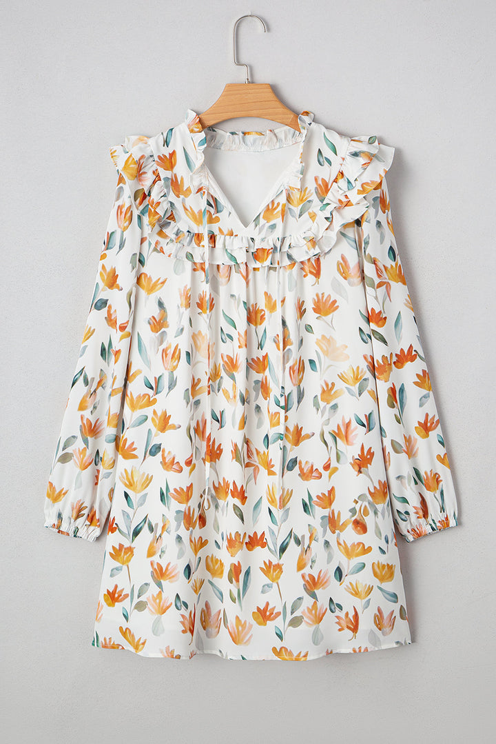 Katherine Floral Tie Neck Frilled Long Sleeve Dress