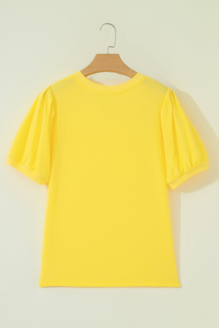 Yellow Solid Color V Neck Short Puff Sleeve Blouse