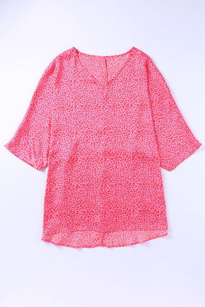 Rose Leopard Print Oversized Half Sleeve V Neck Top