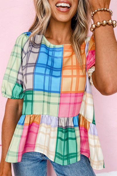 Multicolor Bold Plaid Color Block Puff Sleeve Peplum Top