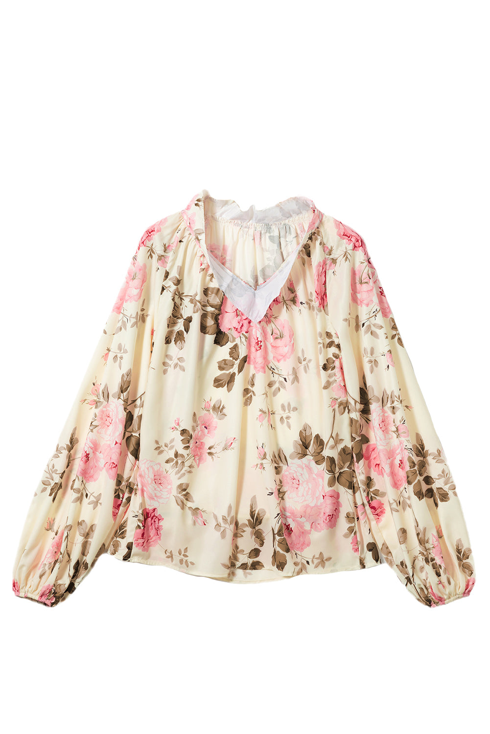 Beige Floral Print Lantern Sleeve V-Neck Blouse