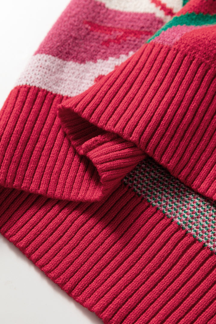 Red Floral Abstract Print Short Puff Sleeve Sweater