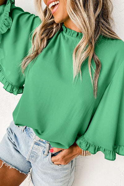 Green Frilly Round Neck Wide Half Sleeve Blouse