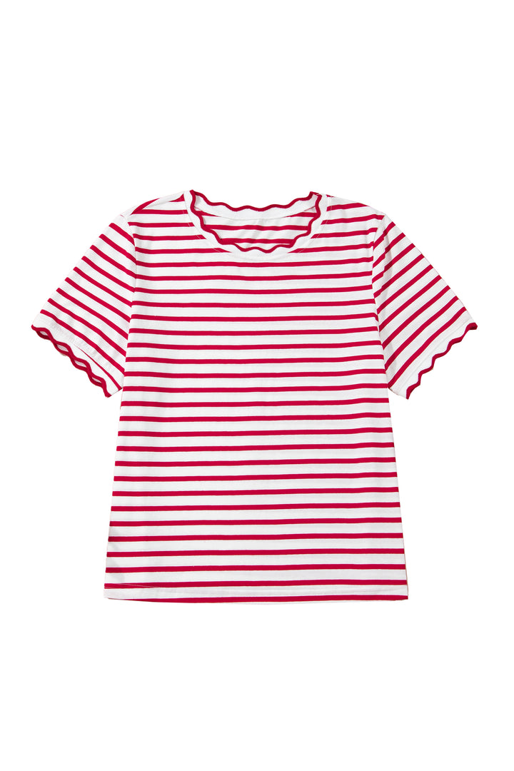 Red Stripe Scalloped Trim Round Neck T Shirt