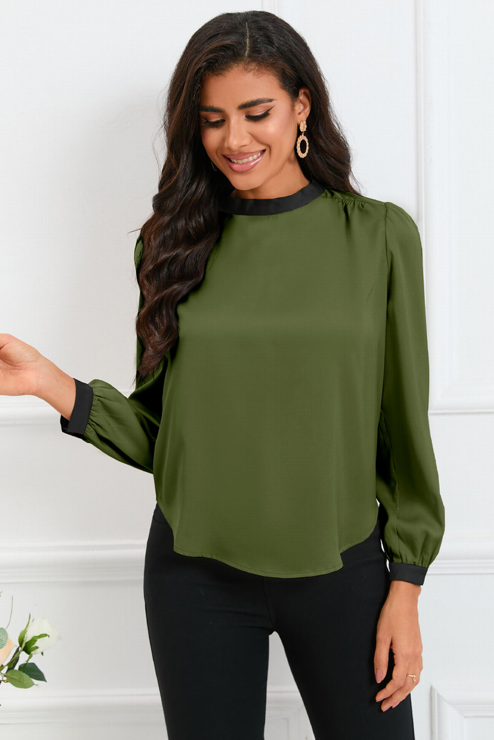 Green Color Block Bow Back Mock Neck Blouse