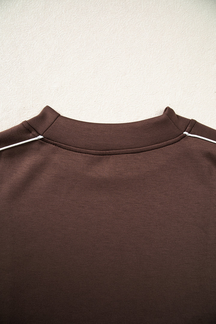 Coffee Sporty Piping Trim Mock Neck Pullover Relaxed 2pcs Pant Set