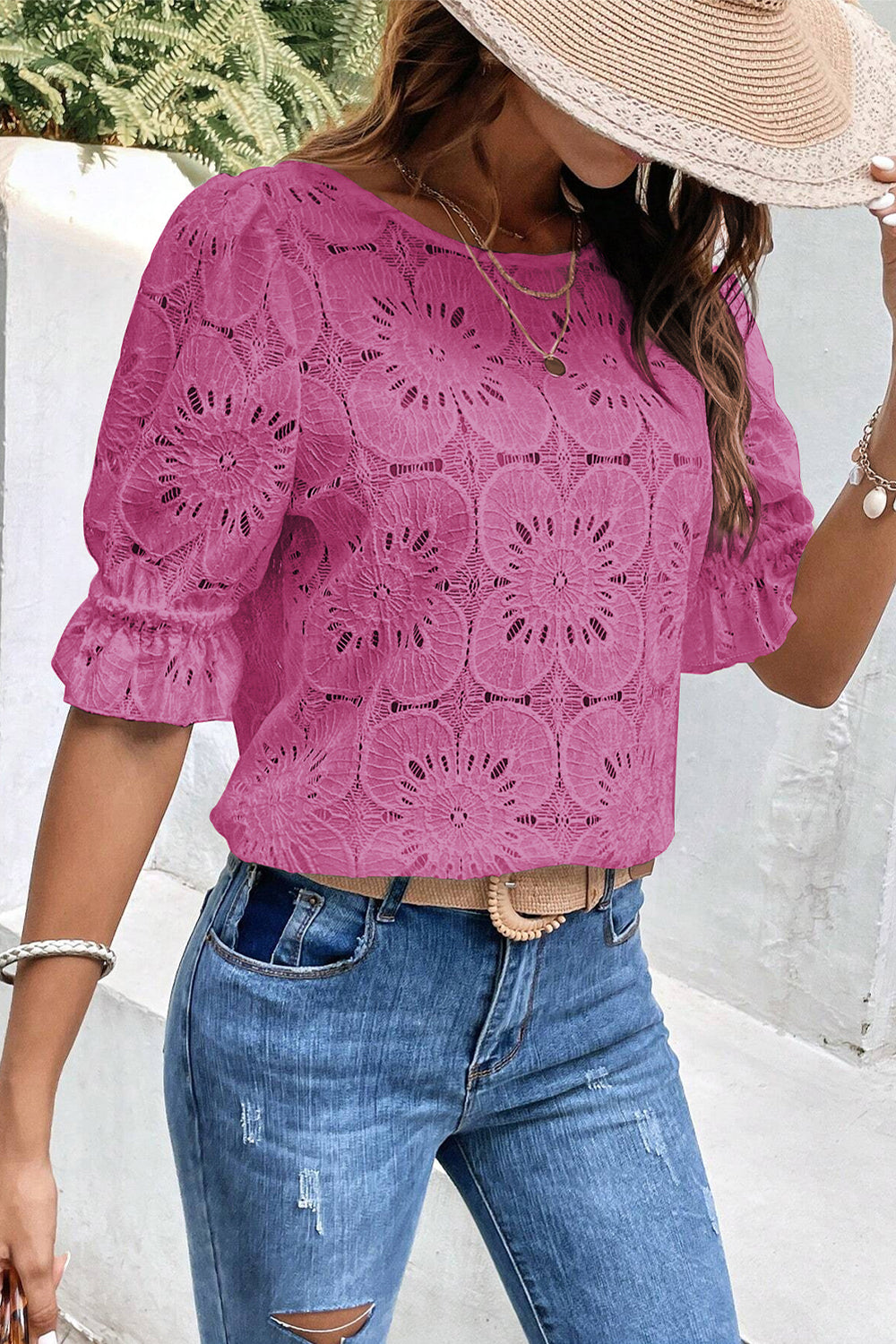 Bright Pink Flower Eyelet Jacquard Keyhole Flounce Sleeve Top