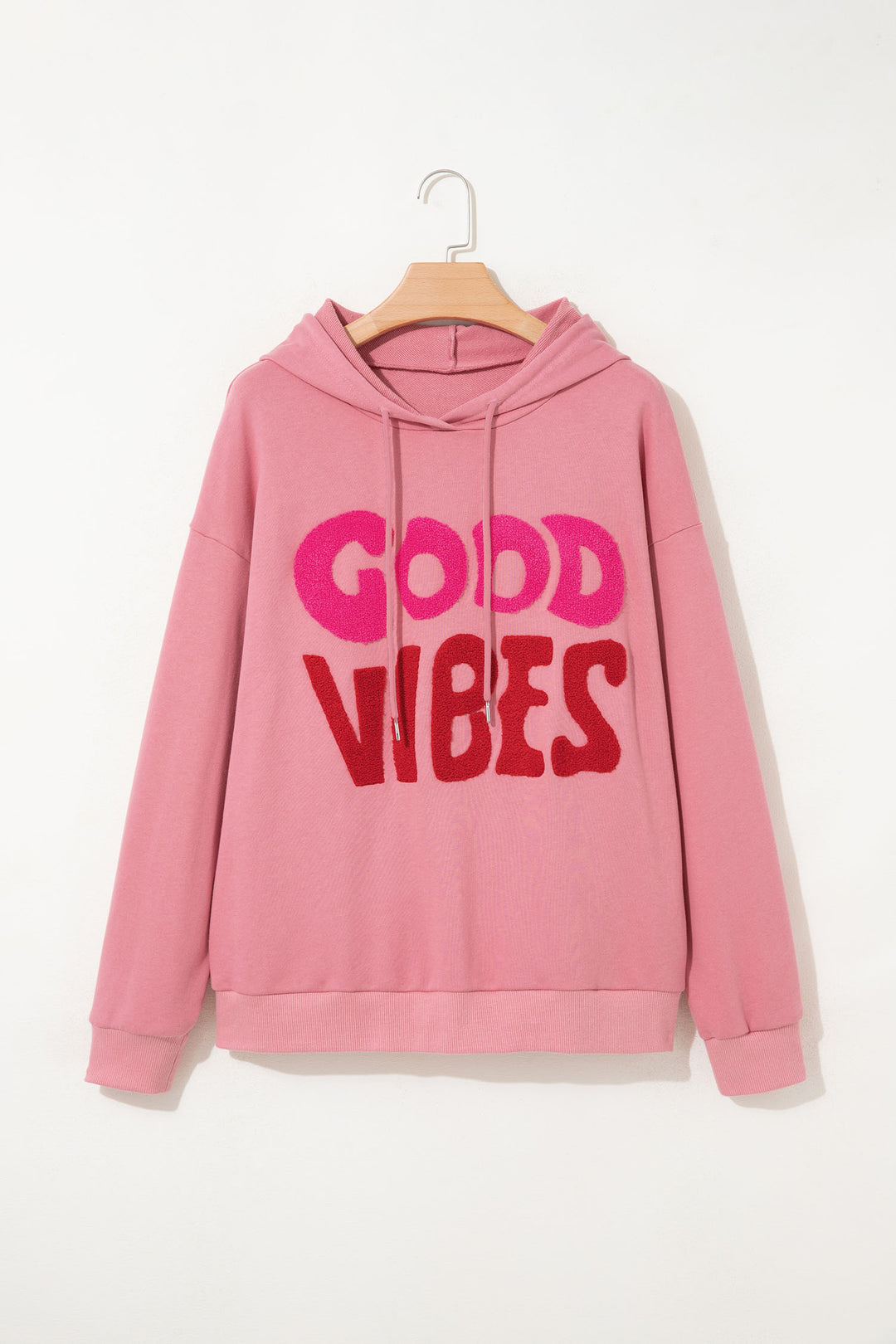 Gossamer Pink GOOD VIBES Chenille Letter Graphic Casual Hoodie