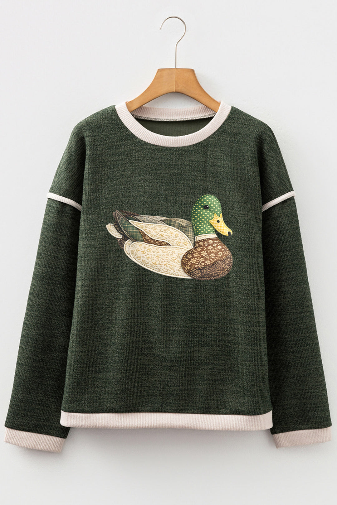 Four Leaf Clover Mallard Duck Graphic Contrast Trim Patchwork Casual Knit Top