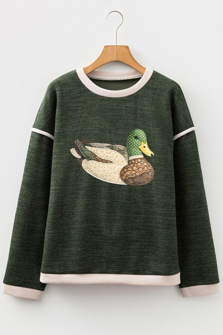 Four Leaf Clover Mallard Duck Graphic Contrast Trim Patchwork Casual Knit Top