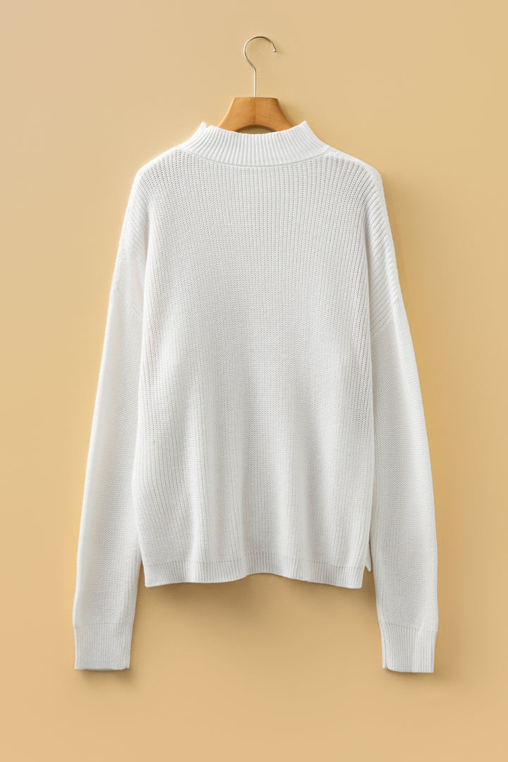 White Mix Texture Patchwork Contrast Stitch Mock Neck Sweater