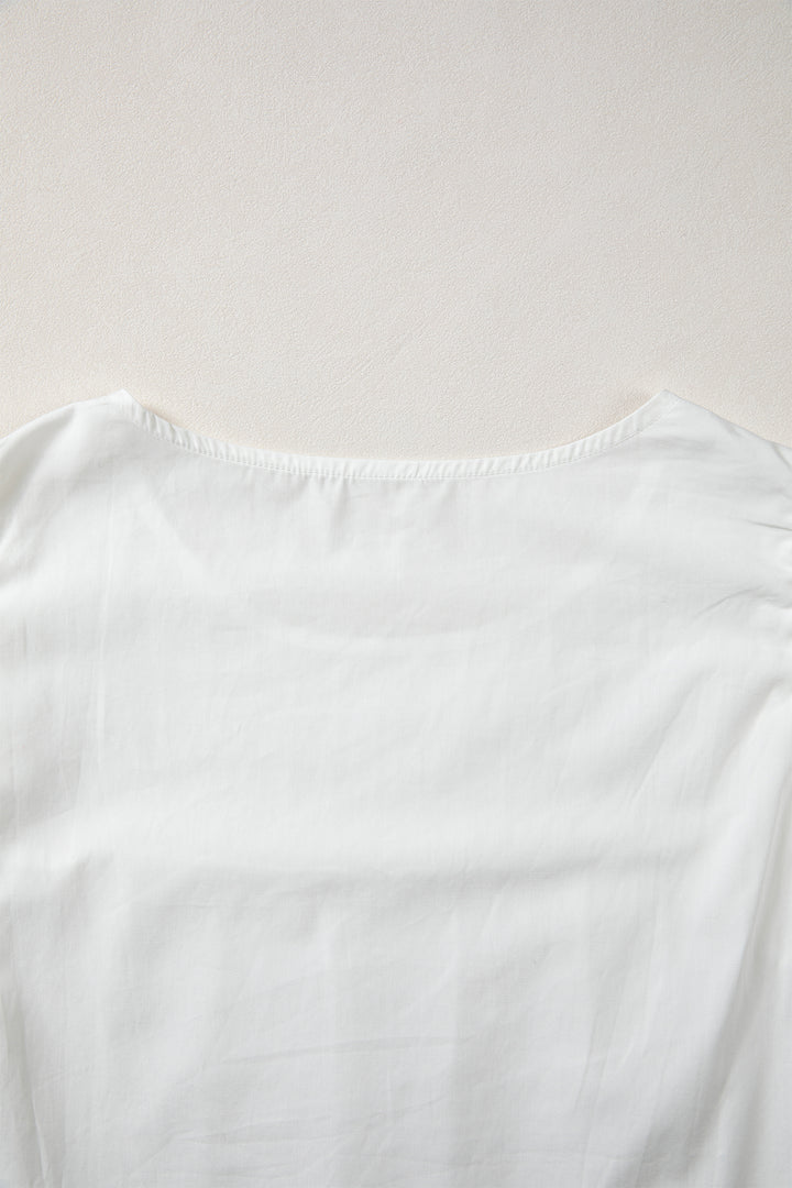 White Lace Detail Flutter Sleeve Pleated Round Neck Blouse