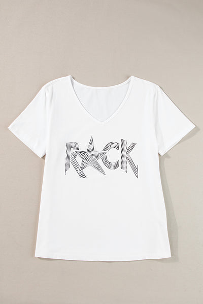 White Rhinestoned ROCK Star Graphic V Neck T Shirt