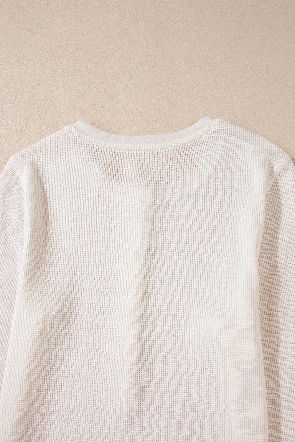 White Solid Color Waffle Half Button Long Sleeve Top