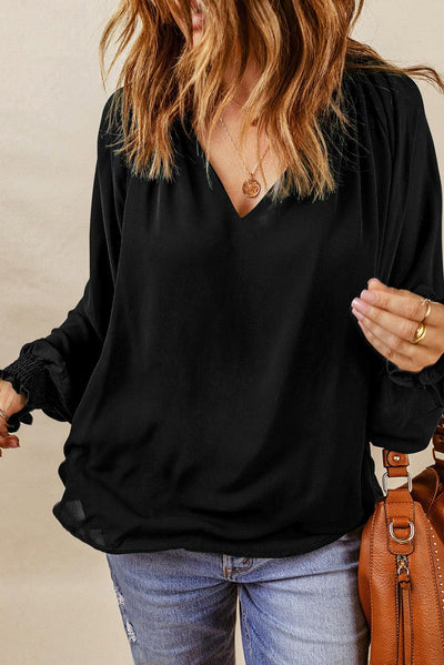 Black Pleated V Neck Puffy Sleeve Blouse