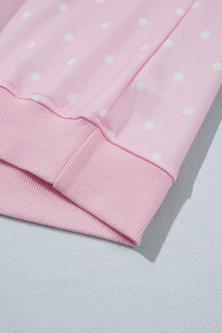 Pink Polka Dot Print Metal Button Collar Casual Pullover Sweatshirt