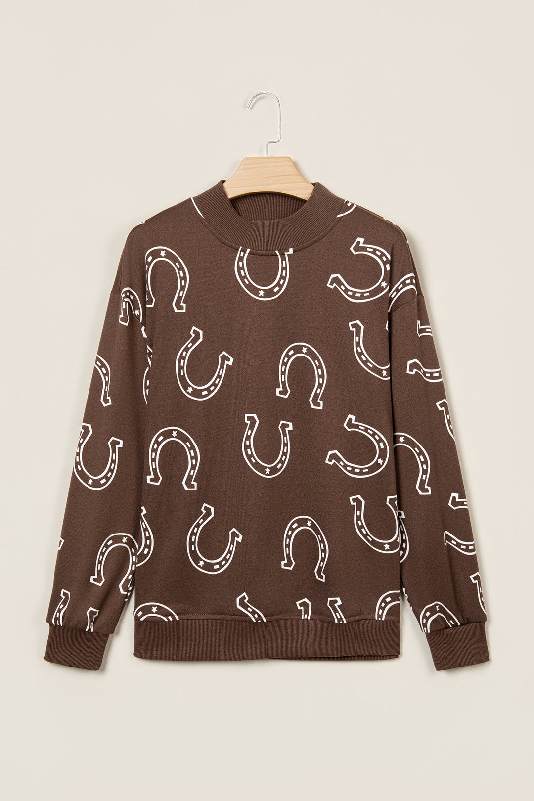 Blue Western Horseshoe Print Mock Neck Casual Pullover Sweatshirt