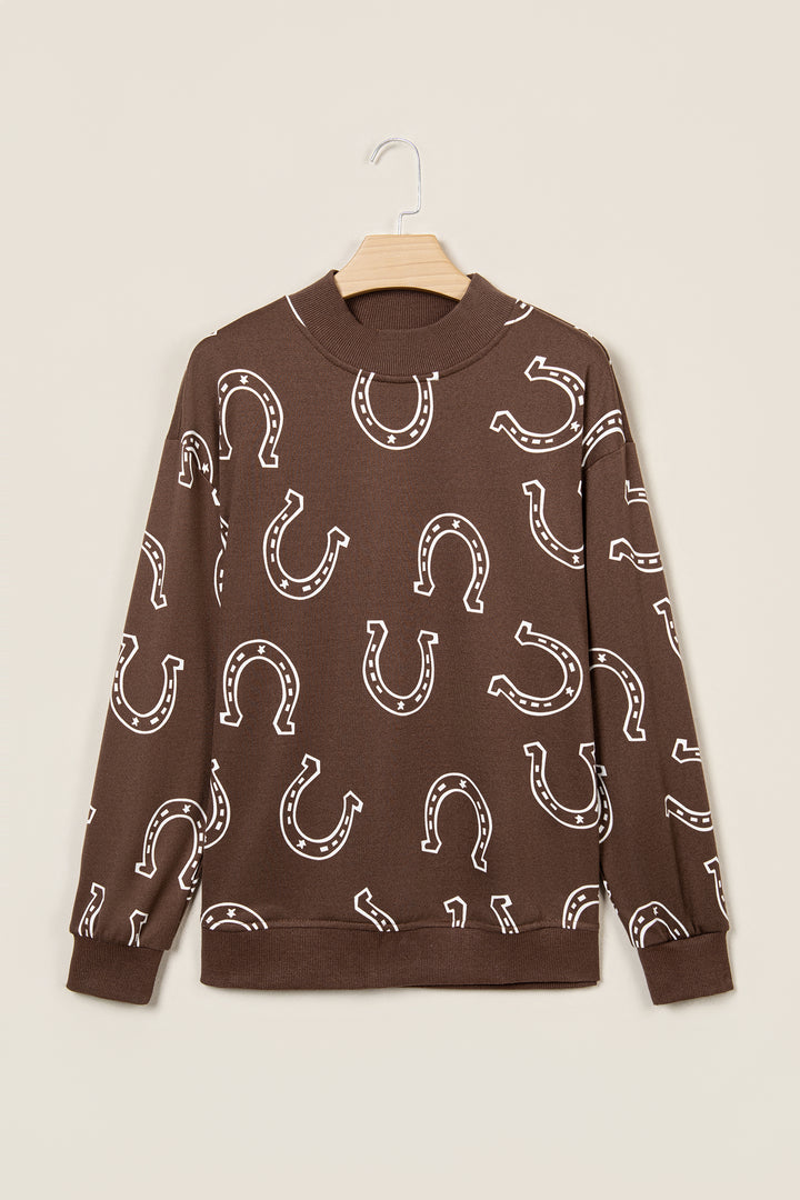 Blue Western Horseshoe Print Mock Neck Casual Pullover Sweatshirt
