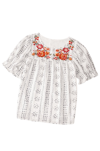 White Floral Embroidered Ethnic Printed Crinkle Blouse