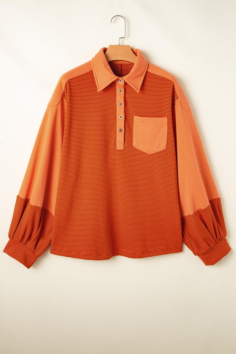 Orange Stripe Exposed Seam Henley Turn-down Neck Puff Sleeve Sweatshirt