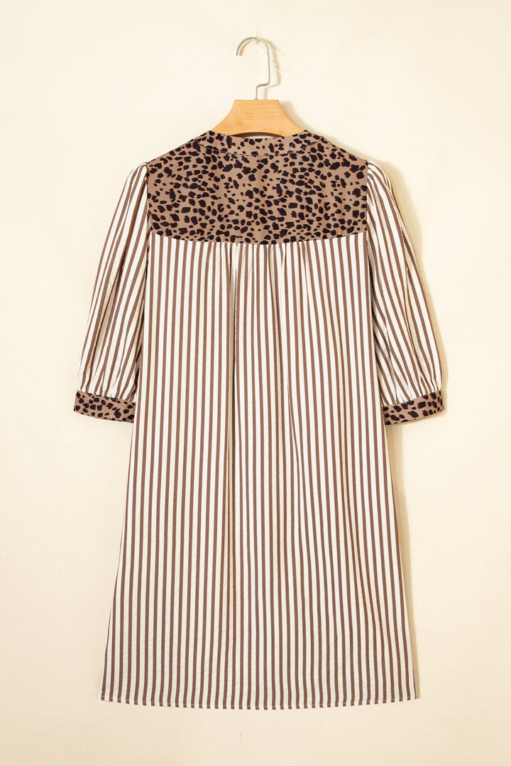 Khaki Stripe Square Button Leopard Trim Loose Bracelet Sleeve Shirt Dress