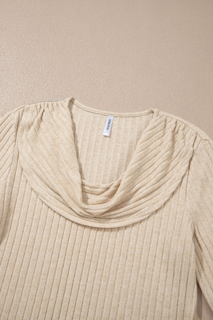 Apricot Solid Color Ribbed Knit Cowl Neck Long Sleeve Top