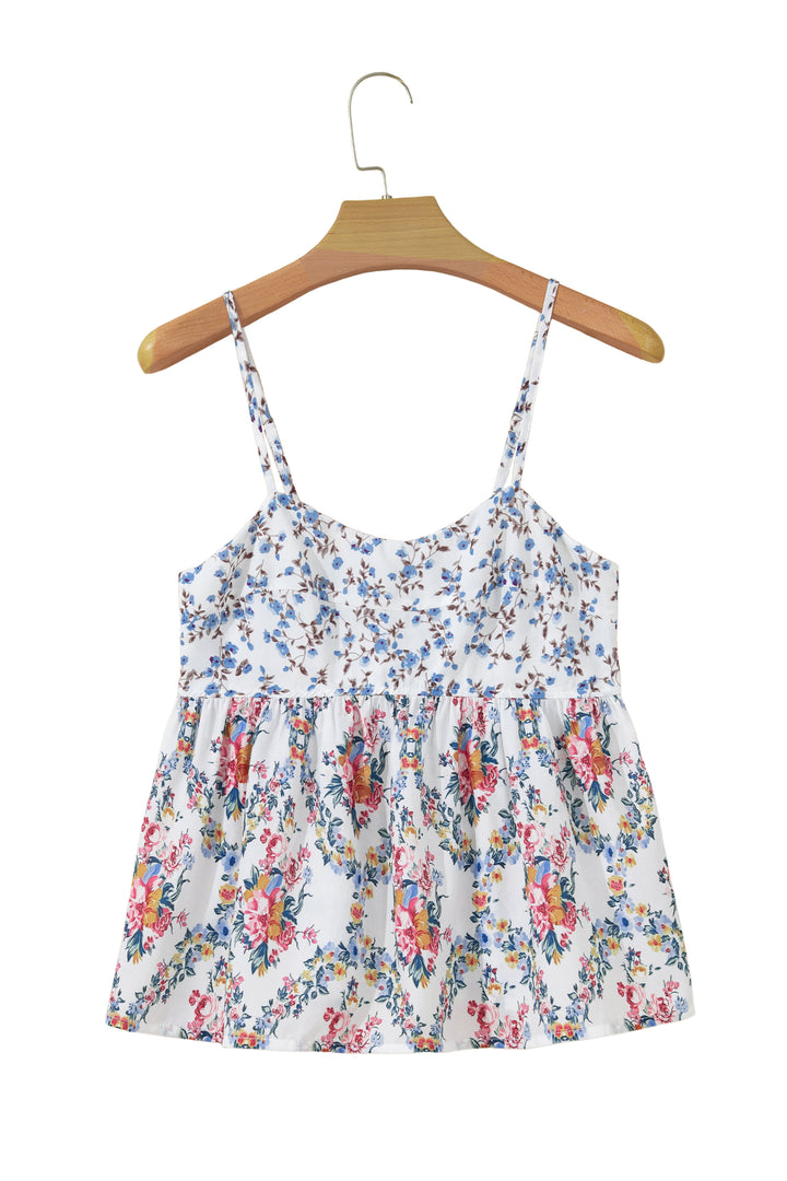 White Contrast Floral Printed Patchwork Spaghetti Straps Babydoll Top